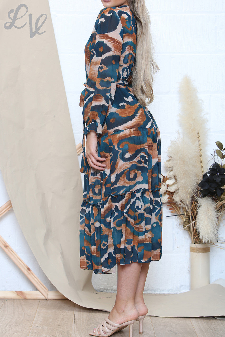 Ladies Swirl Blue Print Dress Teal