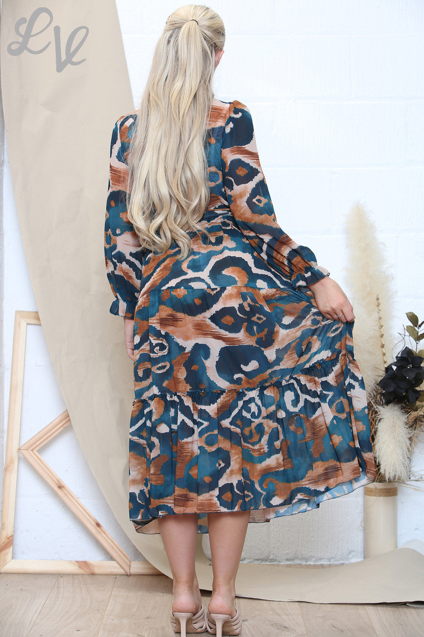 Ladies Swirl Blue Print Dress Teal