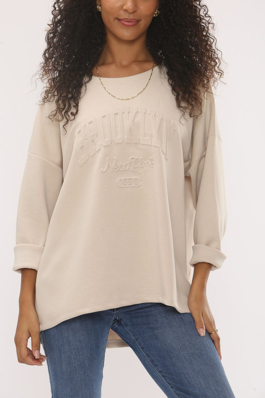 EMBOSSED BROOKLYN NYC SOFT TOUCH SWEATSHIRT - BEIGE