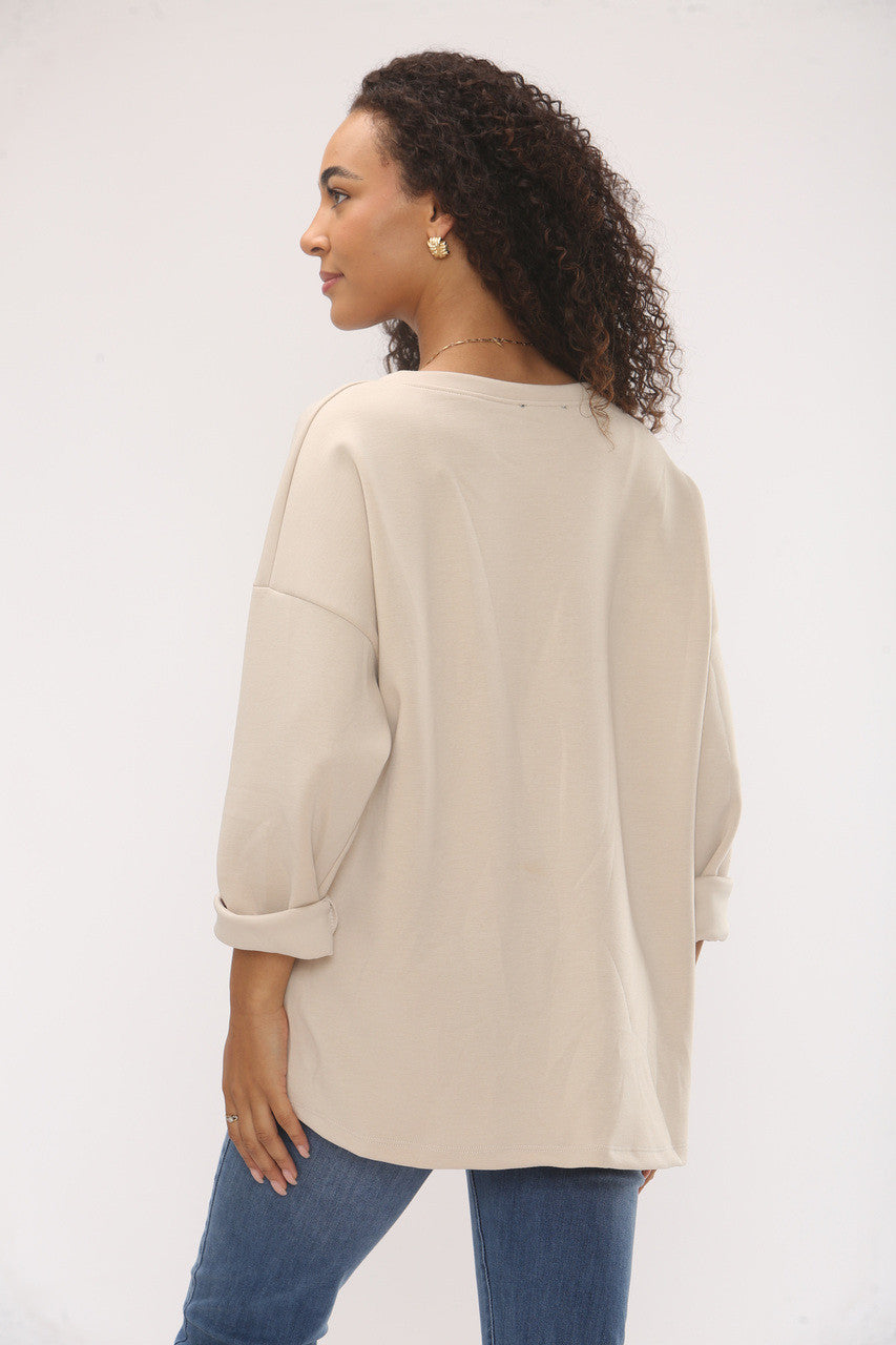 SWEATER MET RELIËFOPDRUK 'BROOKLYN NYC' EN ZACHTE TOUCH - BEIGE