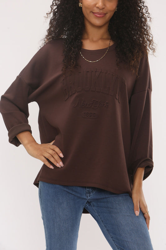 EMBOSSED BROOKLYN NYC SOFT TOUCH SWEATSHIRT - BROWN