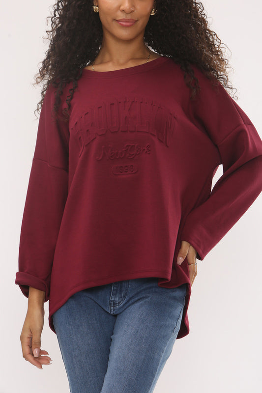 EMBOSSED BROOKLYN NYC SOFT TOUCH SWEATSHIRT - WINE