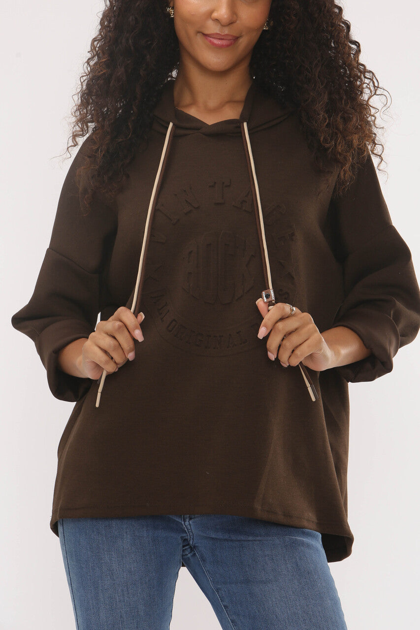 EMBOSSED VINTAGE SOFT TOUCH HOODED SWEATSHIRT - BROWN
