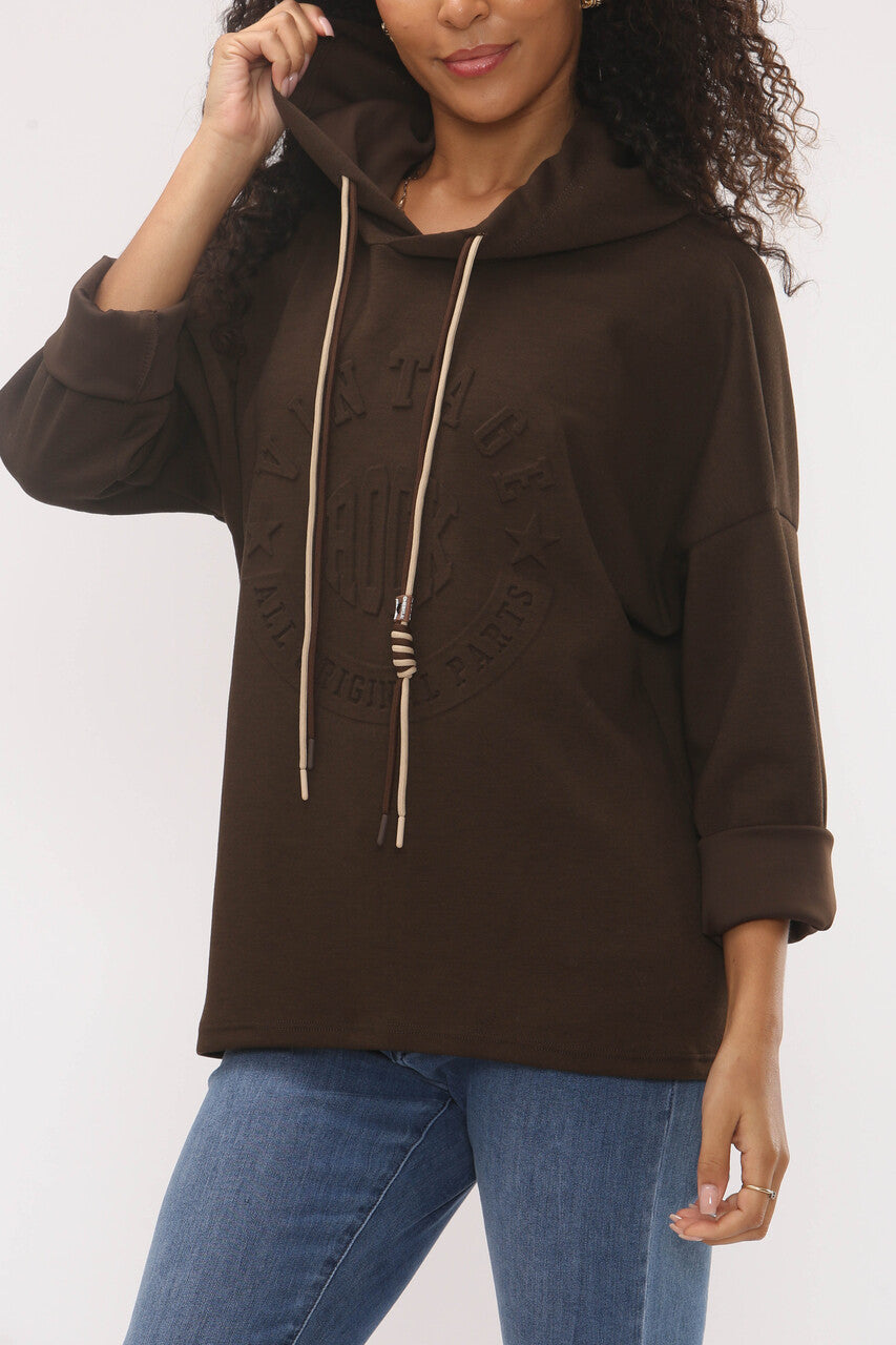 EMBOSSED VINTAGE SOFT TOUCH HOODED SWEATSHIRT - BROWN