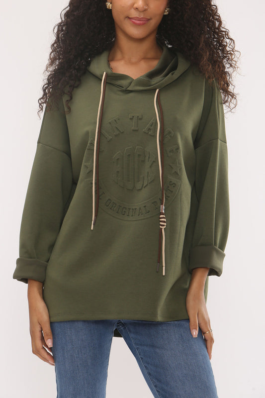 EMBOSSED VINTAGE SOFT TOUCH HOODED SWEATSHIRT - KHAKI