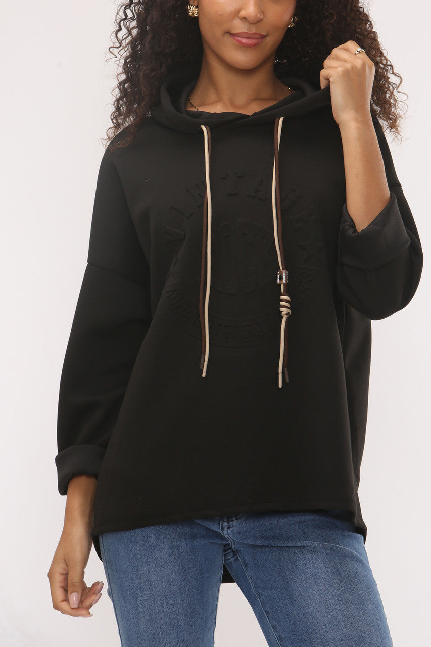 EMBOSSED VINTAGE SOFT TOUCH HOODED SWEATSHIRT - BLACK