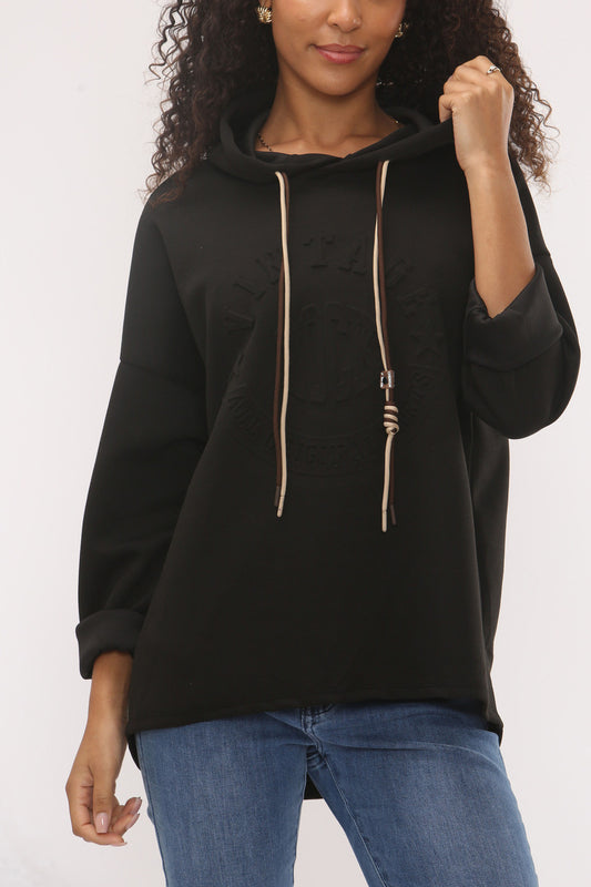 EMBOSSED VINTAGE SOFT TOUCH HOODED SWEATSHIRT - BLACK
