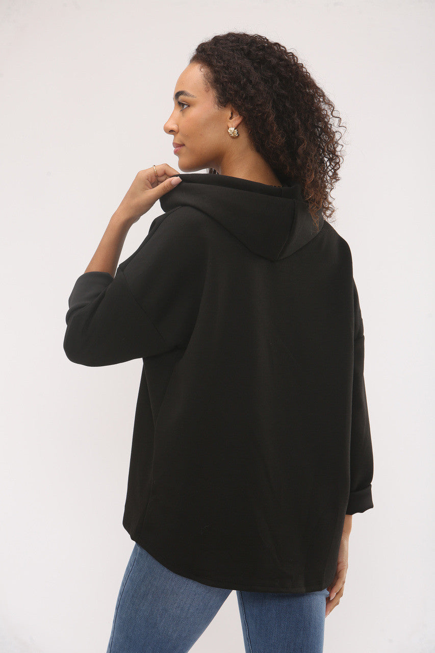 EMBOSSED VINTAGE SOFT TOUCH HOODED SWEATSHIRT - BLACK