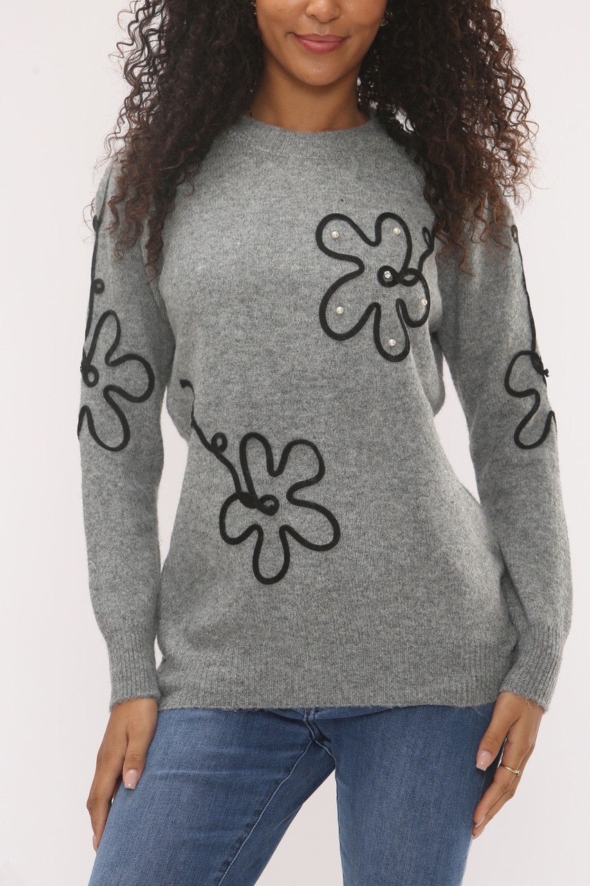 PEARL EMBELLISHED FLOWER EMBROIDERY KNIT JUMPER -  GREY