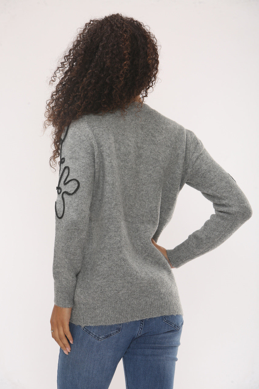 PEARL EMBELLISHED FLOWER EMBROIDERY KNIT JUMPER -  GREY