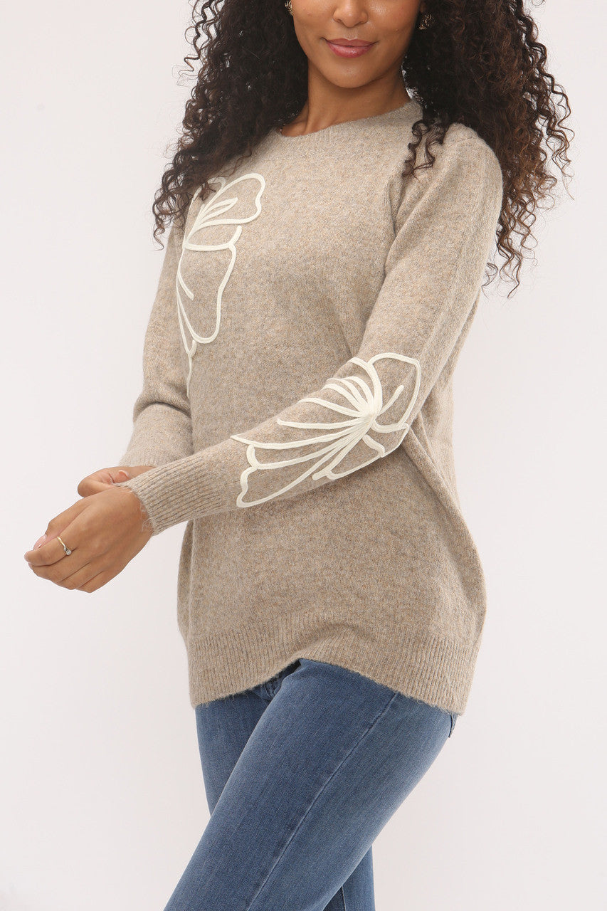 FLOWER EMBROIDERY KNIT JUMPER -  TAUPE