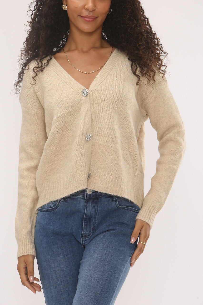 DIAMANTKNOPEN GEBREID VEST - BEIGE