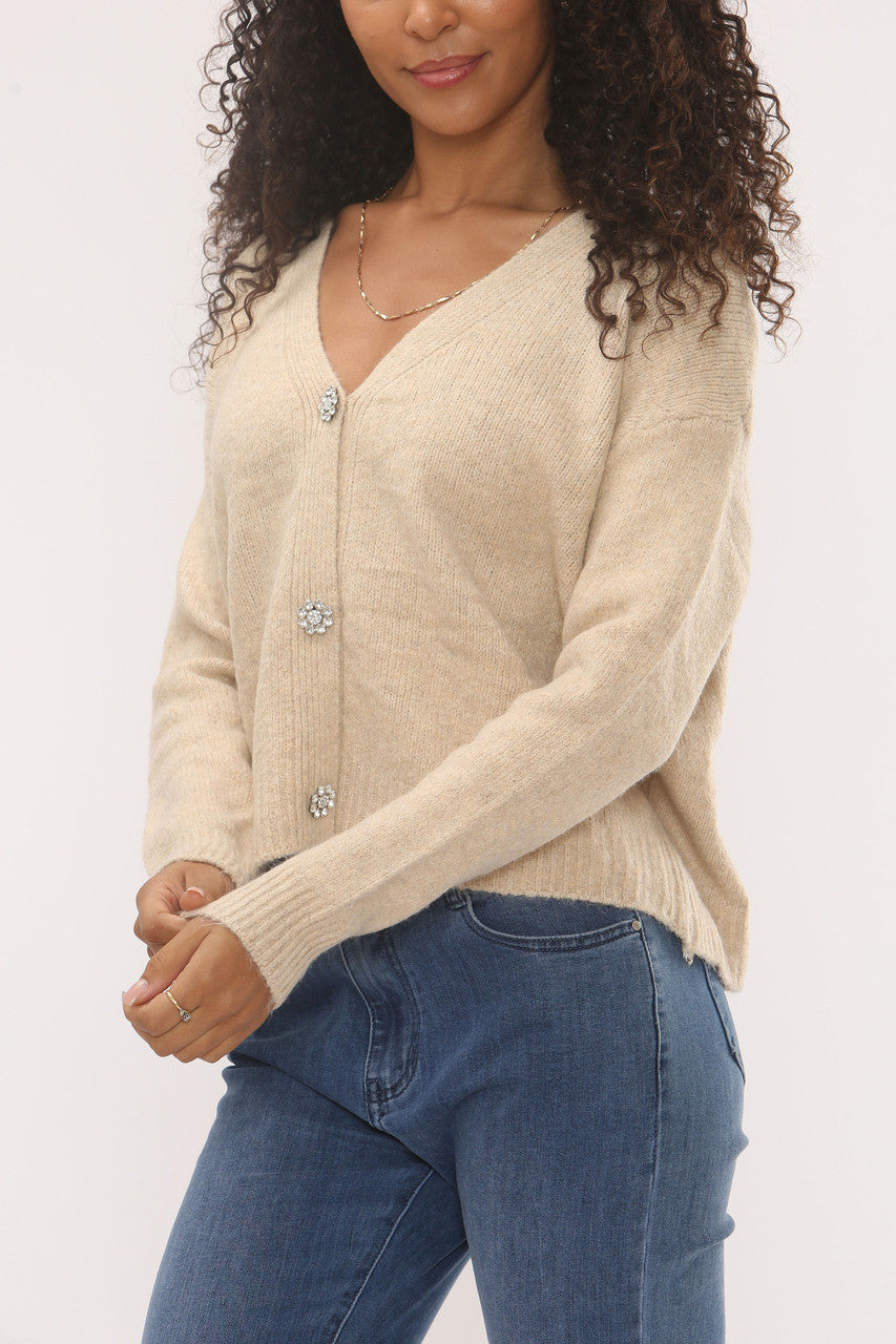 DIAMANTKNOPEN GEBREID VEST - BEIGE