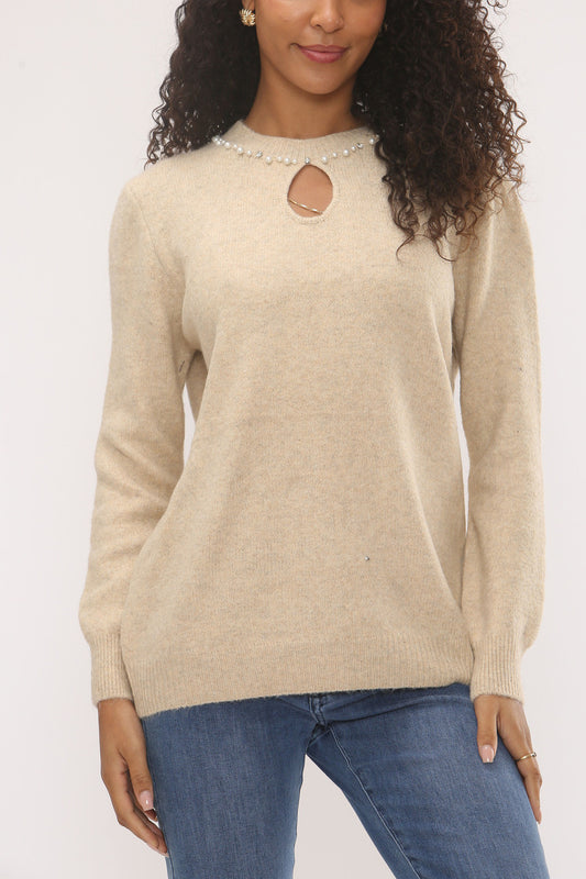 TRUI MET PARELS BIJ DE HALS - BEIGE