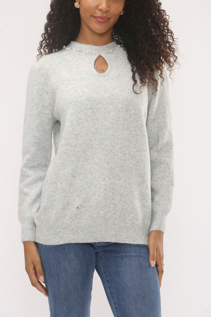 PEARL EMBELLISHED NECKLINE KNIT JUMPER -  SILVER