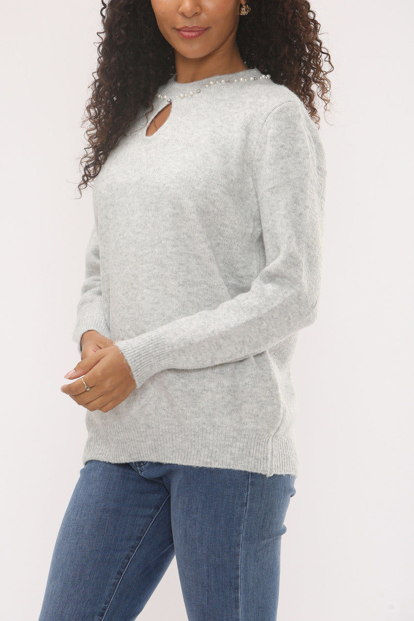 PEARL EMBELLISHED NECKLINE KNIT JUMPER -  SILVER