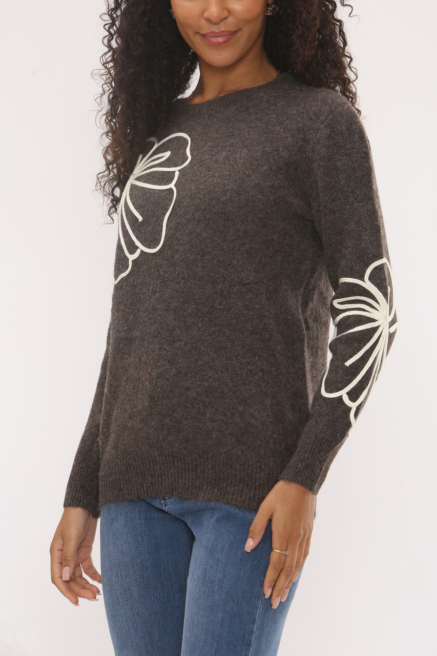 FLOWER EMBROIDERY KNIT JUMPER -  BROWN