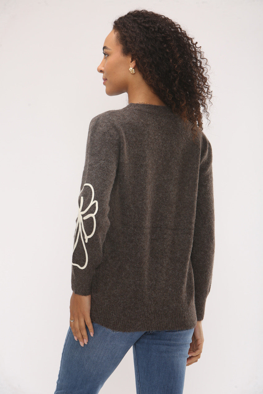 FLOWER EMBROIDERY KNIT JUMPER -  BROWN