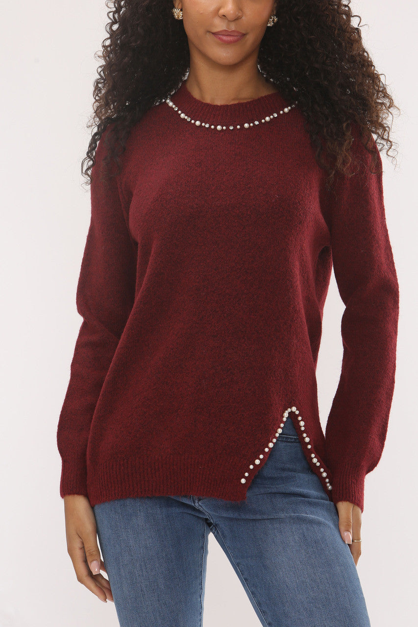 PEARL EMBELLISHED NECKLINE & HEM KNIT JUMPER -  BURGUNDY