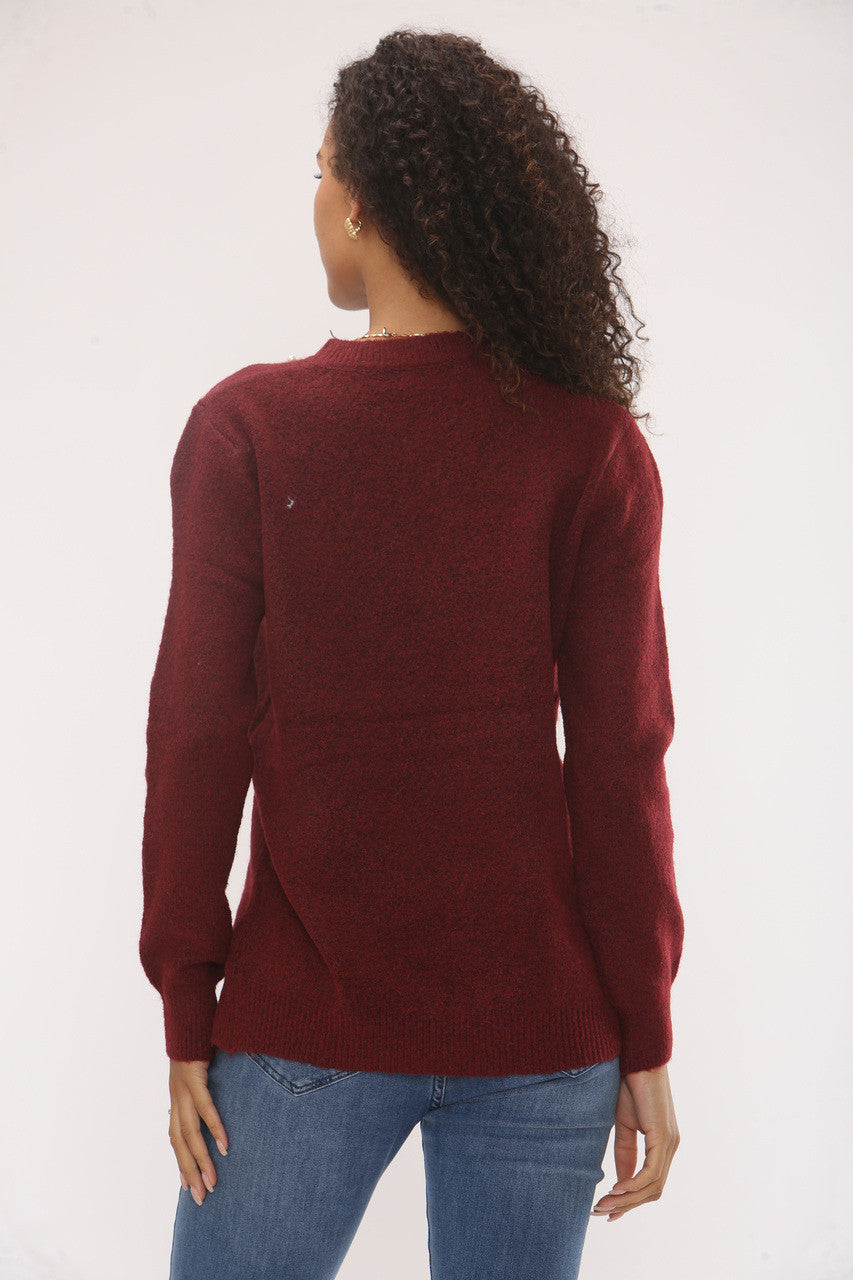 PEARL EMBELLISHED NECKLINE & HEM KNIT JUMPER -  BURGUNDY