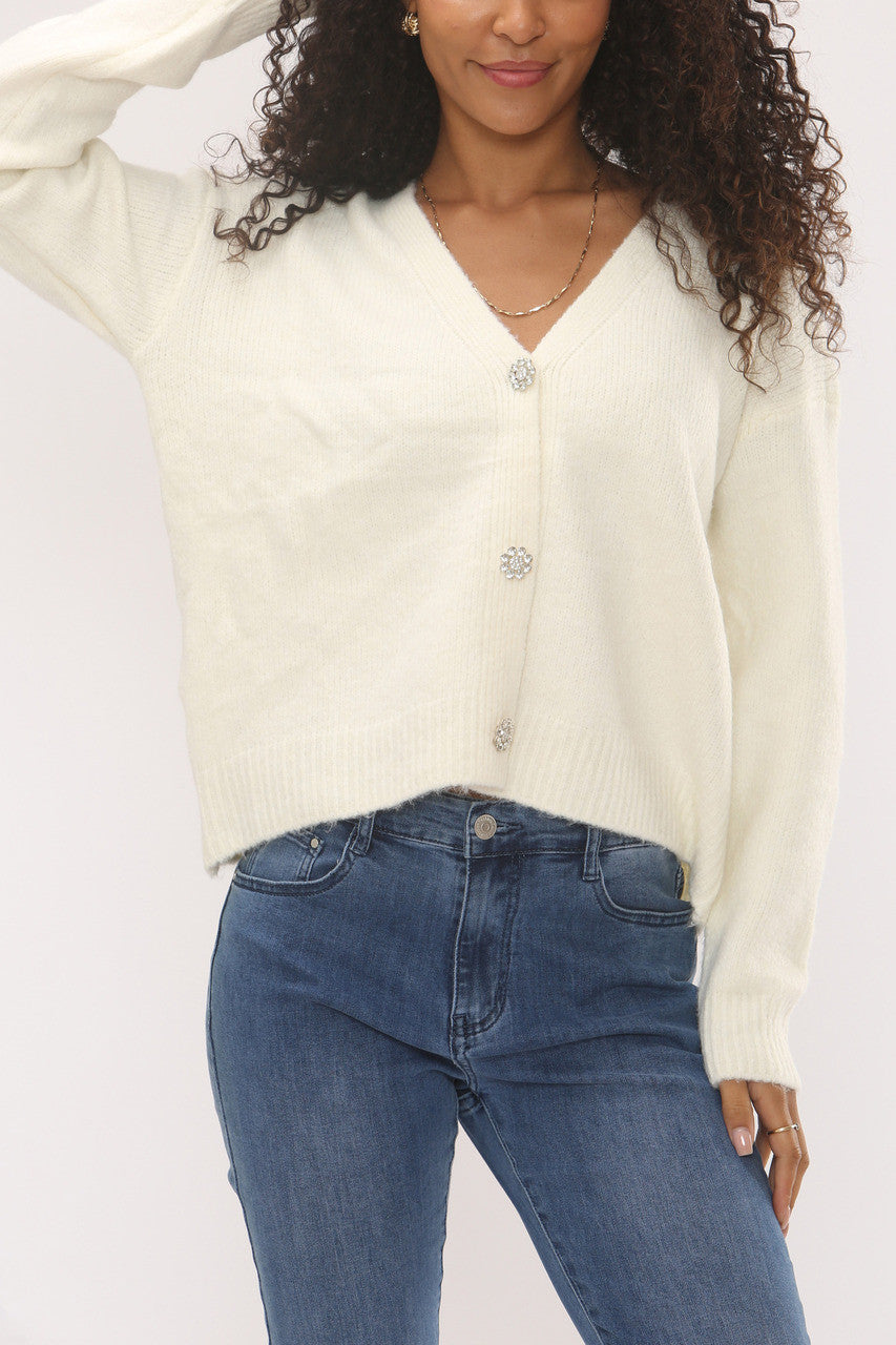 DIAMANTE KNOPEN GEBREID VEST - WIT
