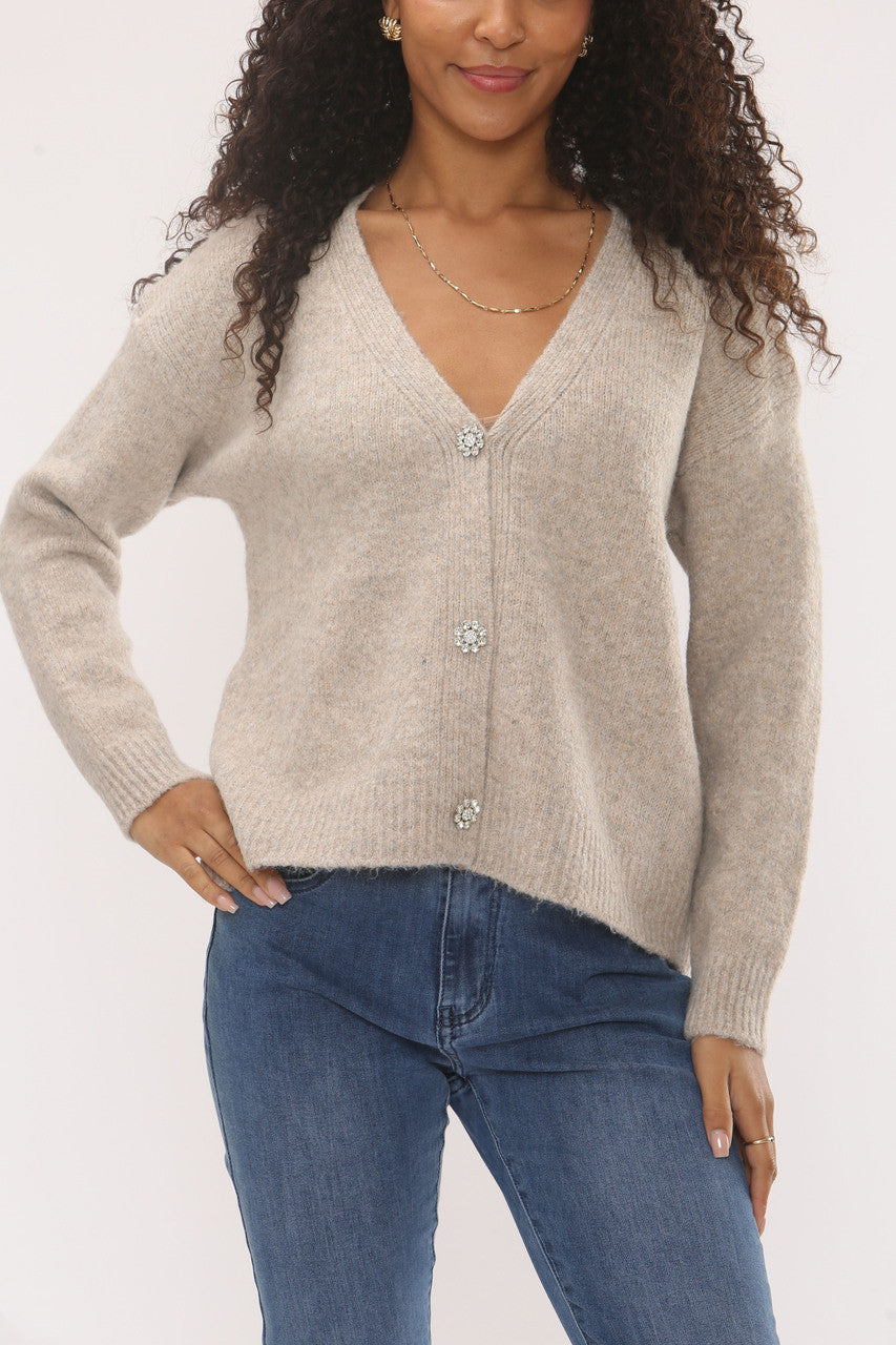 DIAMANTE KNOPEN GEBREID VEST - TAUPE