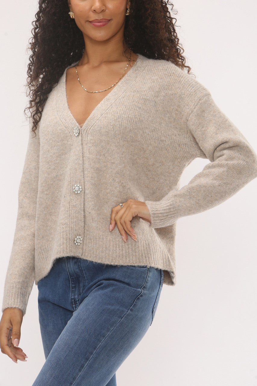 DIAMANTE KNOPEN GEBREID VEST - TAUPE