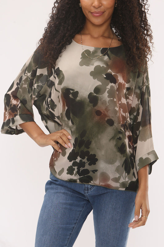 LEAF SILHOUETTE ABSTRACT PRINT BLOUSE KHAKI