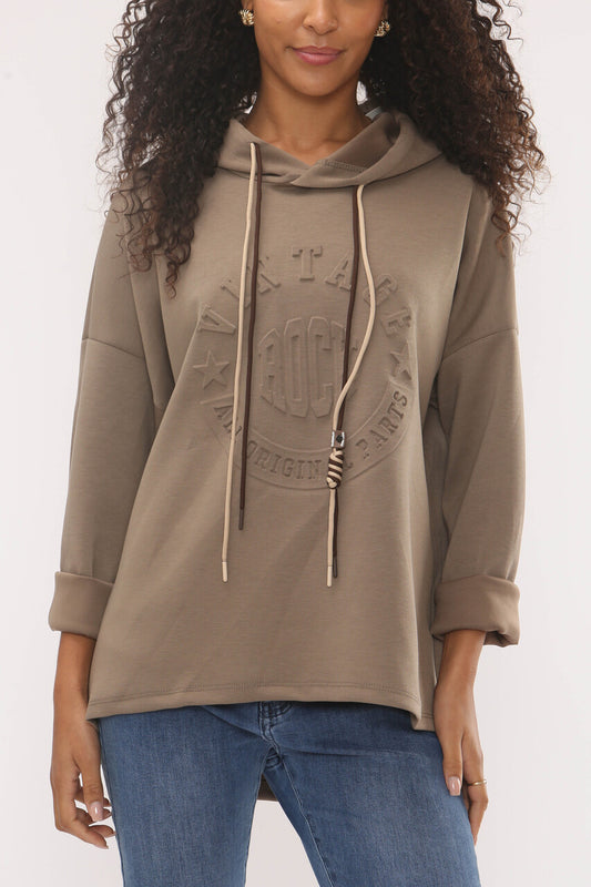 EMBOSSED VINTAGE SOFT TOUCH HOODED SWEATSHIRT - TAUPE