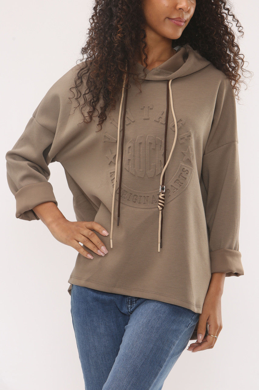 HOODED SWEATER MET RELIËF EN VINTAGE SOFT TOUCH - TAUPE