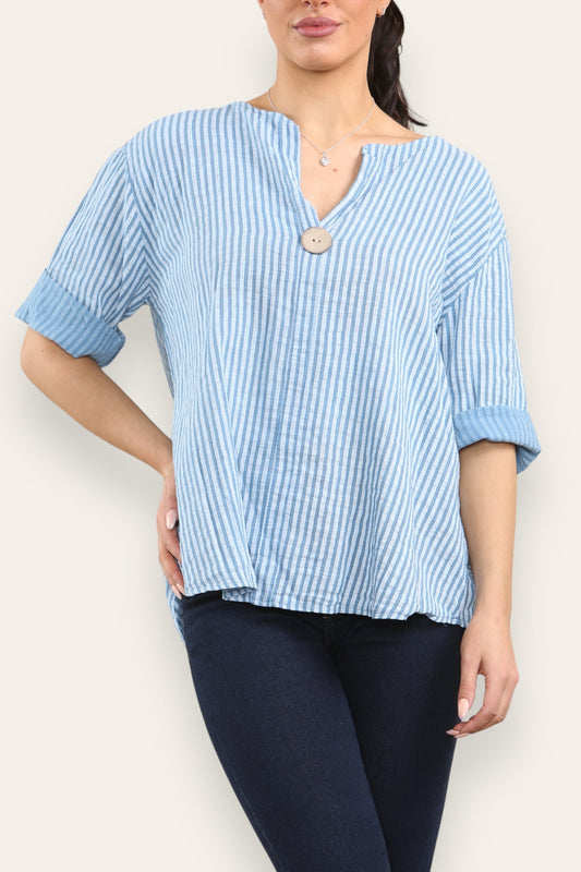TOP MET STREEPJES EN GRANDAD KRAAG EN KNOPEN DENIM