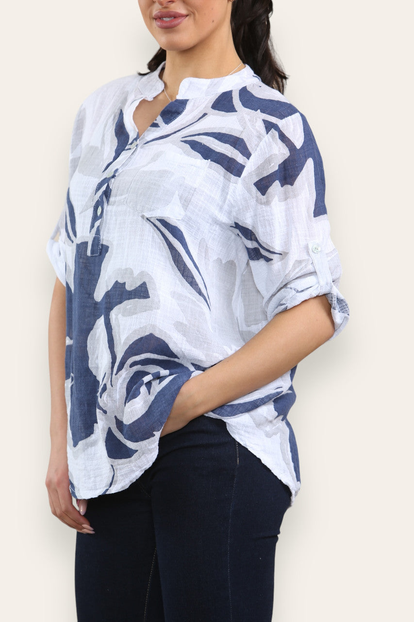 ABSTRACT ROSE PRINT GRANDAD SHIRT BLOUSE WHITE