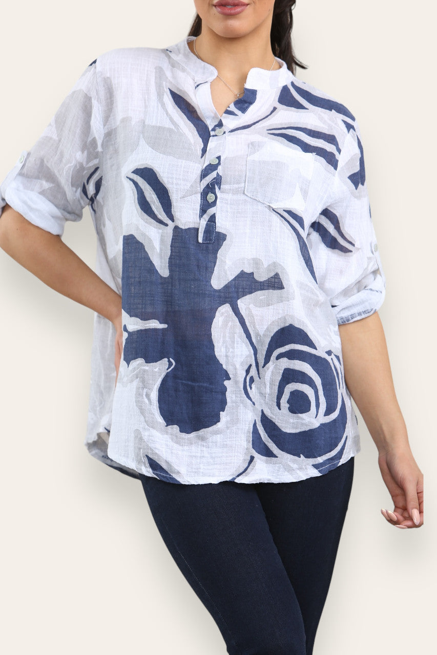 ABSTRACT ROSE PRINT GRANDAD SHIRT BLOUSE WHITE