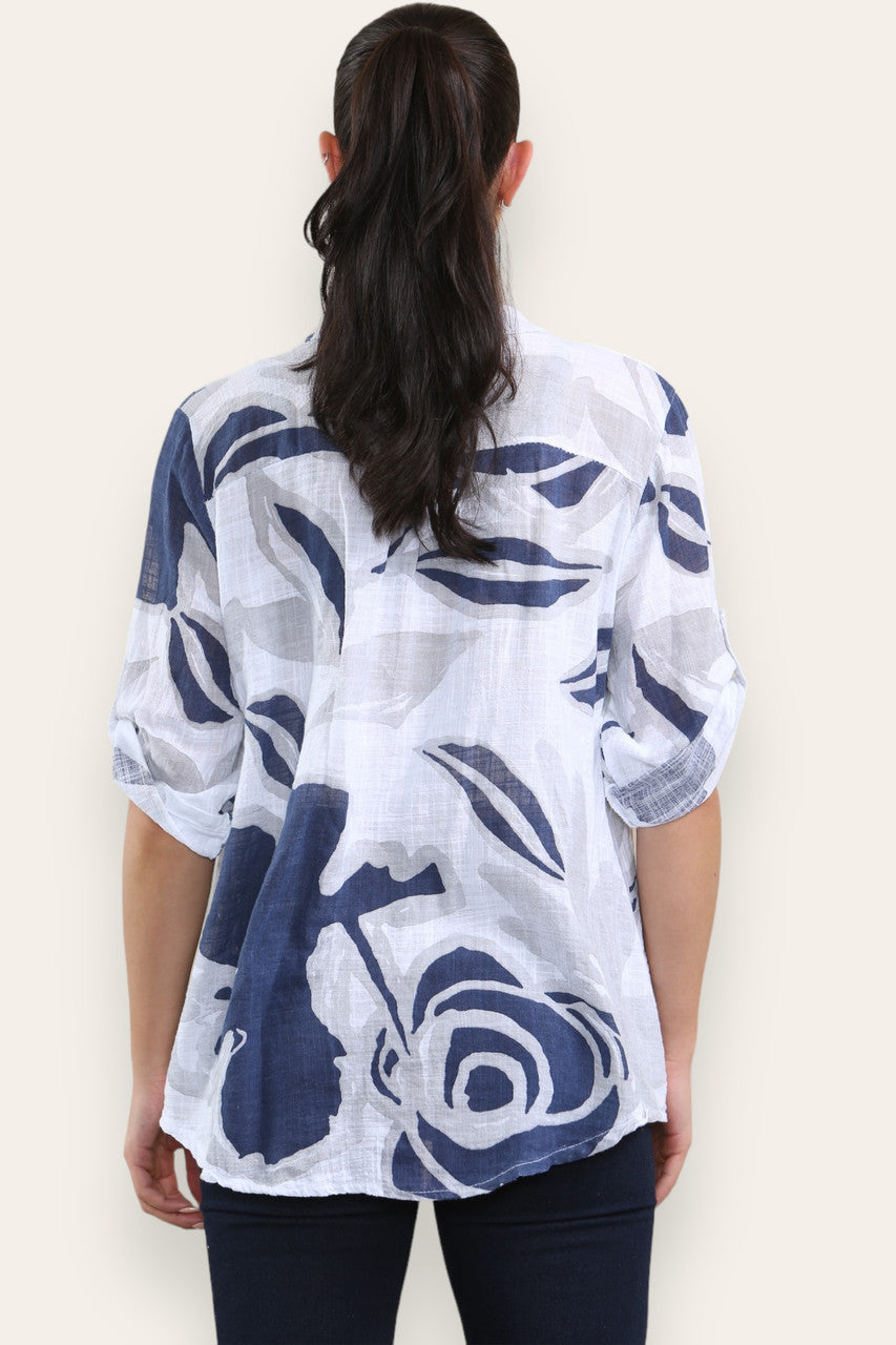 ABSTRACT ROSE PRINT GRANDAD SHIRT BLOUSE WHITE