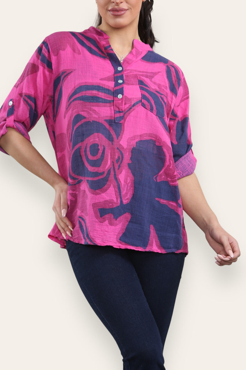 ABSTRACT ROSE PRINT GRANDAD SHIRT BLOUSE CERISE