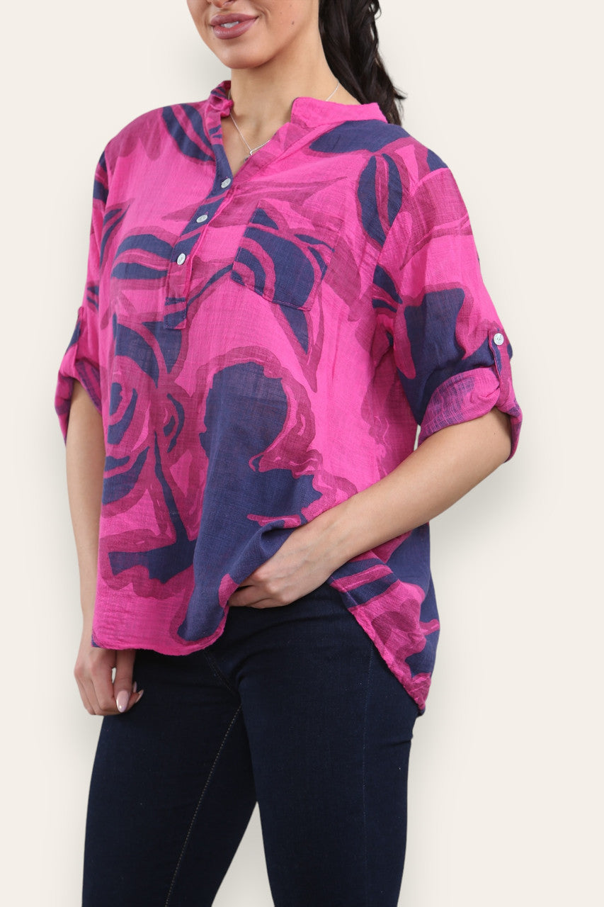 ABSTRACT ROSE PRINT GRANDAD SHIRT BLOUSE CERISE