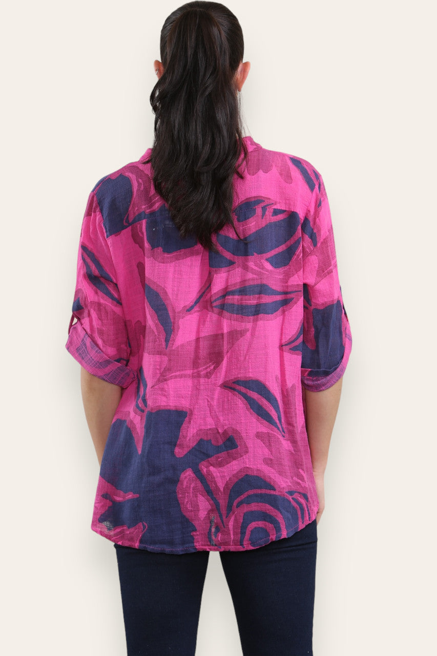 ABSTRACT ROSE PRINT GRANDAD SHIRT BLOUSE CERISE