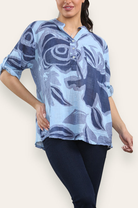 ABSTRACT ROSE PRINT GRANDAD SHIRT BLOUSE LIGHT BLUE