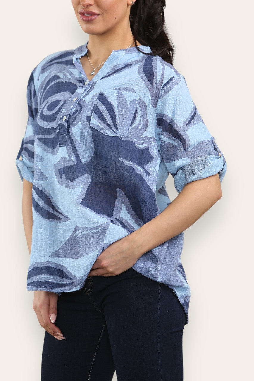 ABSTRACT ROSE PRINT GRANDAD SHIRT BLOUSE LIGHT BLUE