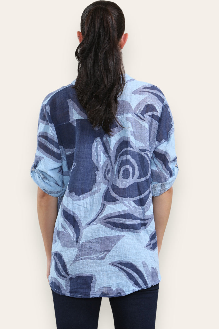 ABSTRACT ROSE PRINT GRANDAD SHIRT BLOUSE LIGHT BLUE
