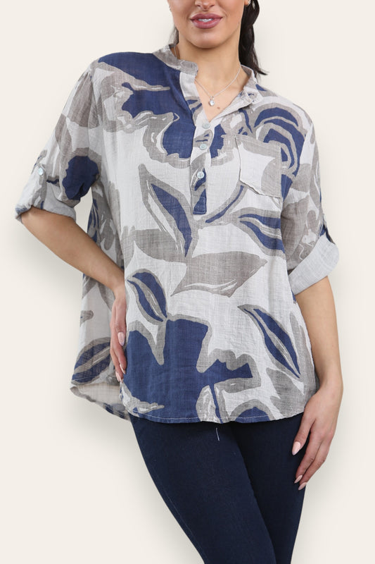 ABSTRACT ROSE PRINT GRANDAD SHIRT BLOUSE STONE