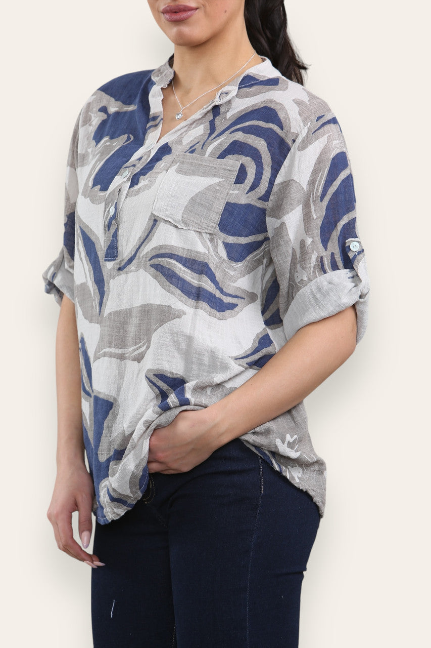 ABSTRACT ROSE PRINT GRANDAD SHIRT BLOUSE STONE