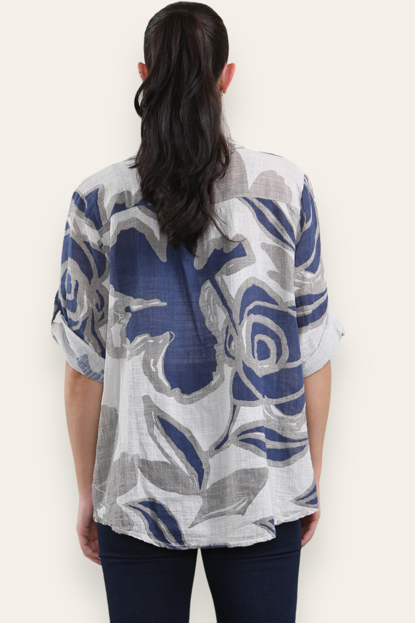 ABSTRACT ROSE PRINT GRANDAD SHIRT BLOUSE STONE