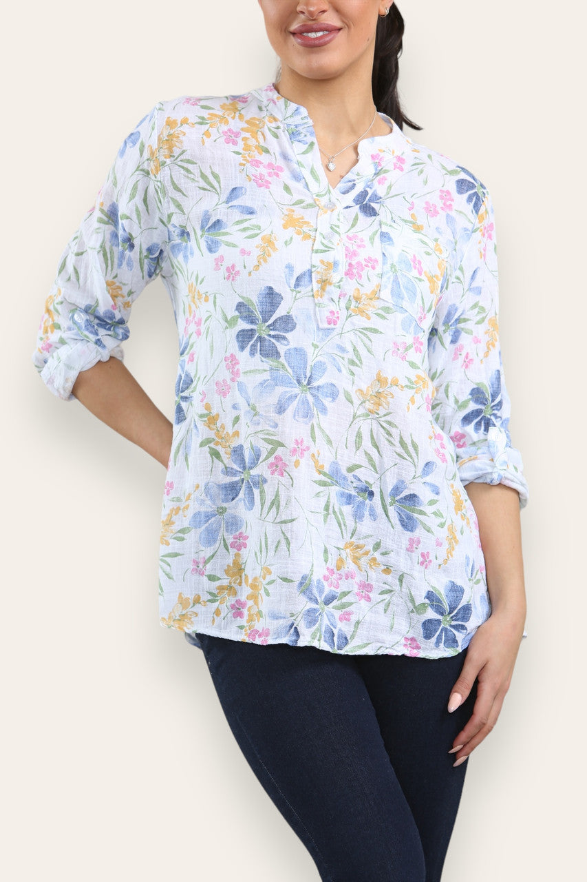 BLOES MET BLOEMENPRINT EN GRANDAD-KRAAG - WIT