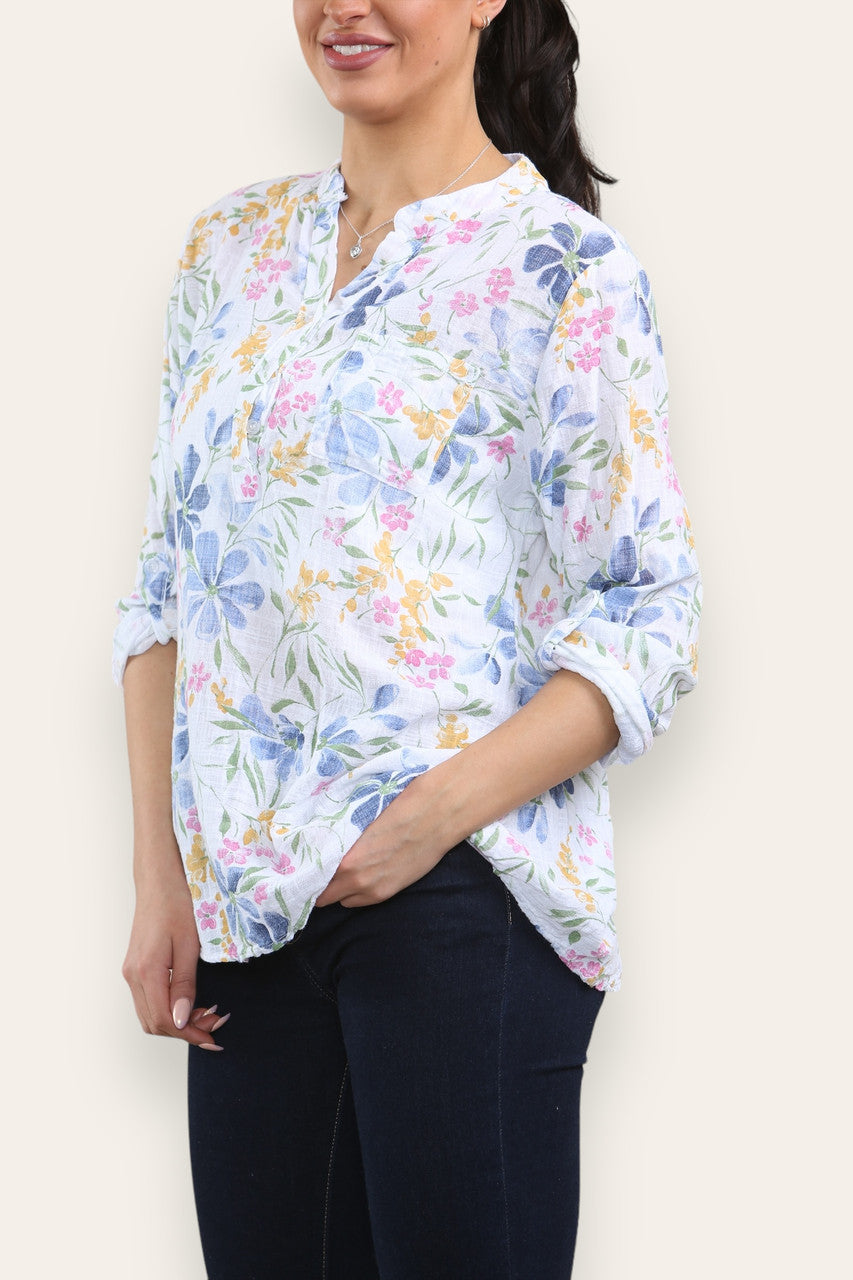 BLOES MET BLOEMENPRINT EN GRANDAD-KRAAG - WIT