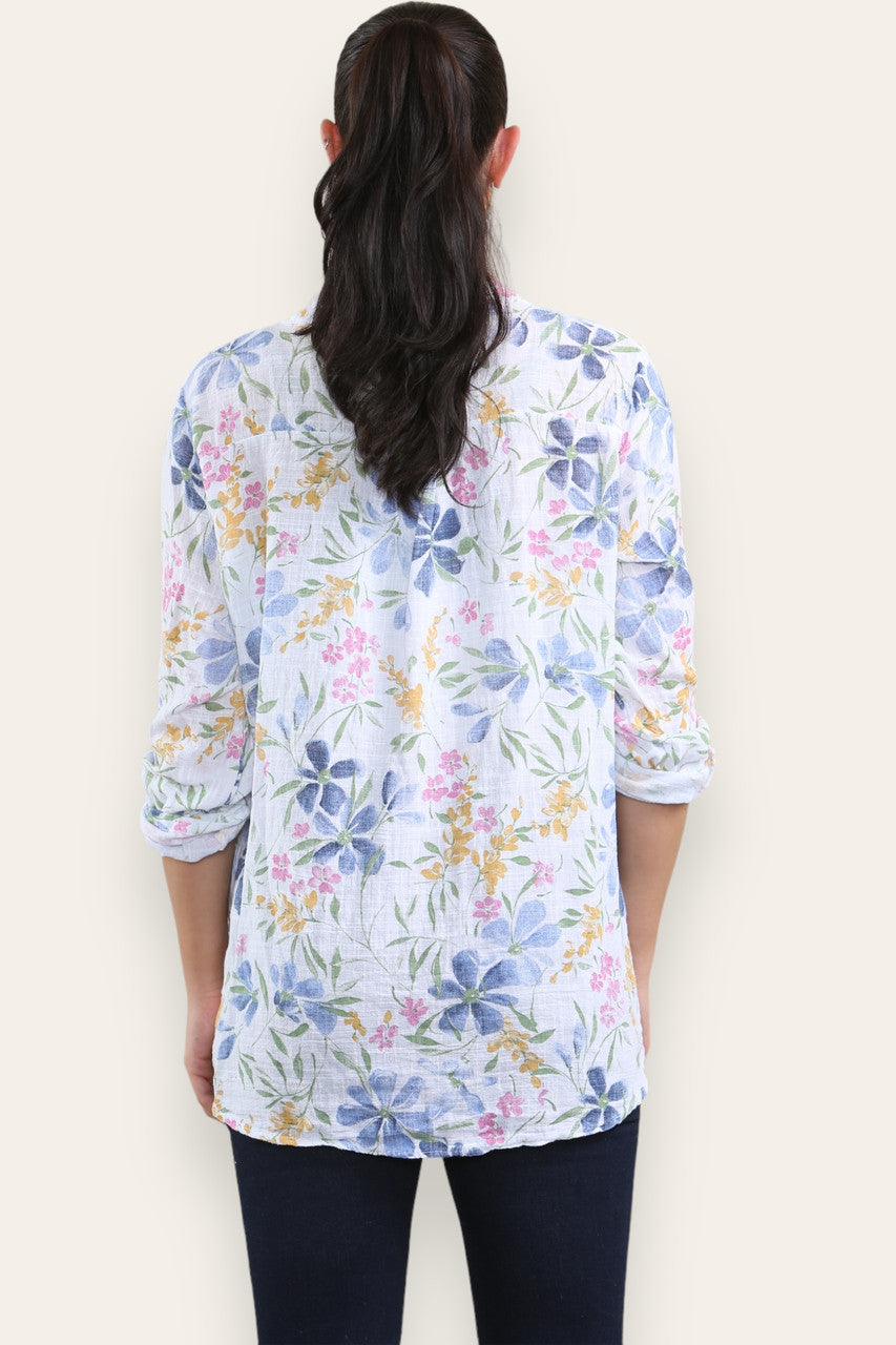 BLOES MET BLOEMENPRINT EN GRANDAD-KRAAG - WIT