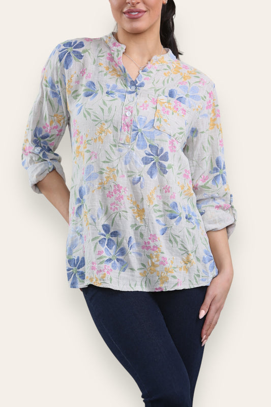 DITSY FLORAL MIX GRANDAD SHIRT BLOUSE - STONE