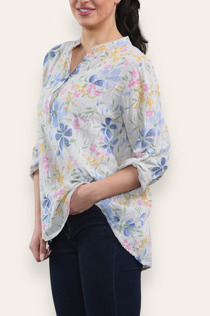 DITSY FLORAL MIX GRANDAD SHIRT BLOUSE - STONE