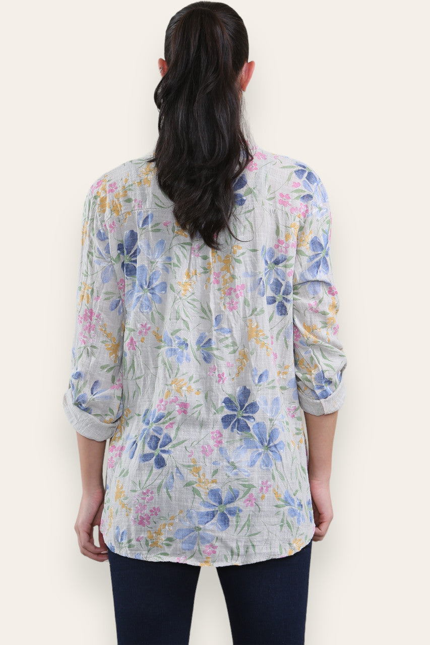 DITSY FLORAL MIX GRANDAD SHIRT BLOUSE - STONE