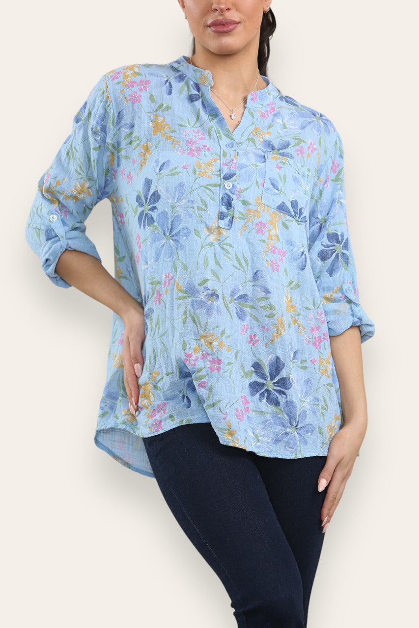 DITSY FLORAL MIX GRANDAD SHIRT BLOUSE - LIGHT BLUE